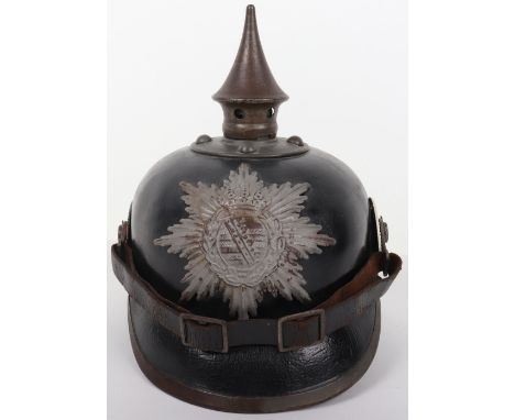 Saxon M-15 Enlisted Mans Pickelhaube of the 134th (10. Sachsisches) Saxon Infantry Regiment, leather bodied helmet with grey 