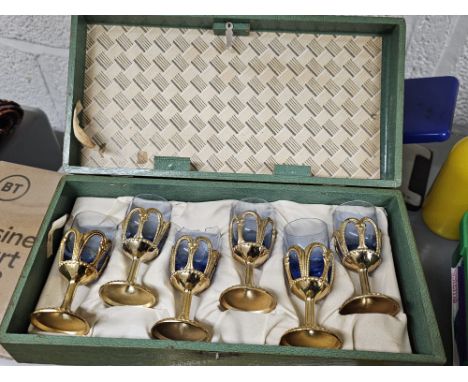 Goblet Set Brass and Cobalt Blue Glass Japanese post WW Vintage boxed set of two piece goblets in cobalt glass, all glasses i