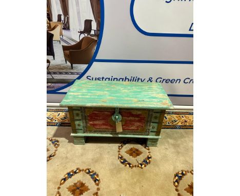 Craftsmen Indian Hand-Carved And Painted Trunk With Patina Distressed Look 80 x 40 x 45cm