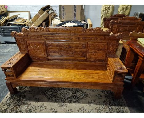 Chinese Imperial Style Hardwood Throne Room Settee Or Sofa, The Triple Panelled Back Carved With Dragon Masks And Birds In Na