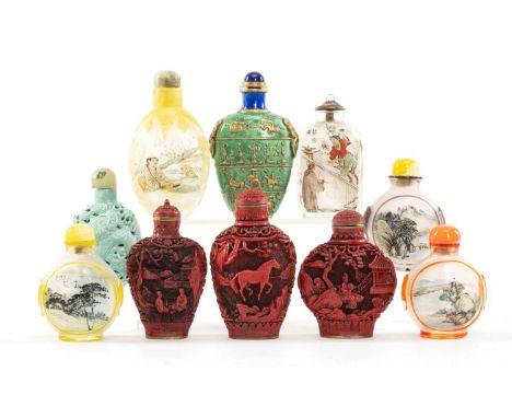 ASSORTED CHINESE SNUFF BOTTLES, including carved turquoise glazed porcelain dragon bottle, five inside painted glass bottles,