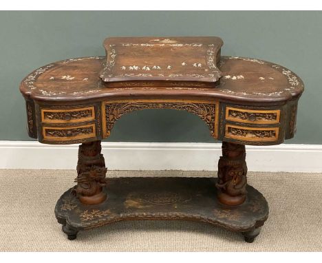 ANGLO-JAPANESE CARVED KIDNEY DESK, decorated with inlaid ivory figures and foliage, fitted with carved drawers flanking pierc