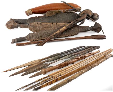 ASSORTED ETHNOGRAPHIC ITEMS, including Papua New Guinea bow and three arrows with carved tips bound with chevron woven rattan