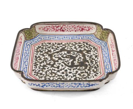 CHINESE CANTON ENAMEL SPOON DISH, Qianlong, decorated with sinuous chilong on foliate ground with gilt highlight, within pink