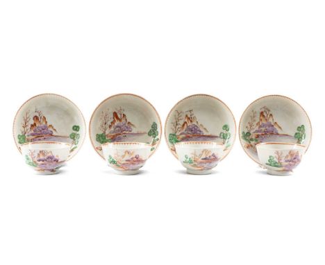 SET FOUR CHINESE FAMILLE ROSE TEA BOWLS & SAUCERS, late 18th C, decorated with an angler and attendant beside a bridge in a m