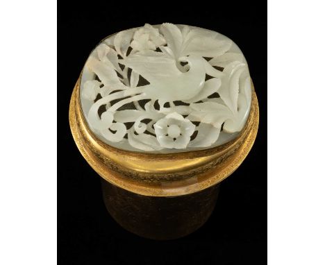 CHINESE JADE MOUNTED GILT COPPER CANISTER, lid applied with pierced jade plaque depicting long tailed pheasant amongst foliag