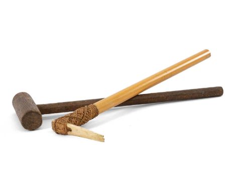 RARE FIJI TATTOO IMPLEMENT, mid-late 19th C., with triple-toothed flat bone head bound with sennit to short rattan handle, 19