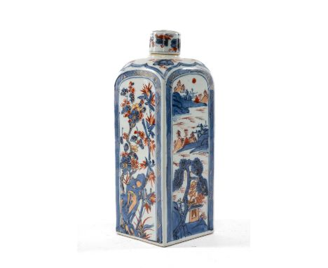 CHINESE IMARI FLASK & COVER, late Kangxi, of square-section painted with panels depicting river landscapes and prunus/bamboo,