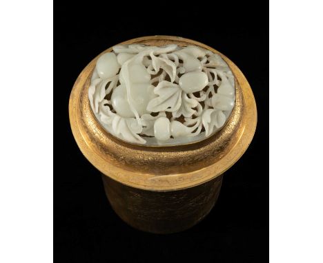 CHINESE JADE MOUNTED GILT COPPER CANISTER, lid inset with oval panel pierced with double gourd growing from scrolling tendril
