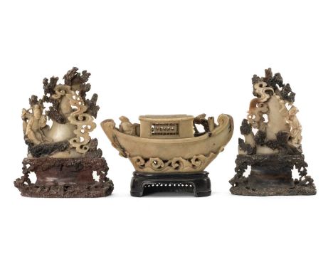 THREE CHINESE SOAPSTONE (STEATITE) CARVINGS, comprising a pair of mountains featuring Lan Caihe with double gourd flask and H