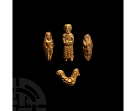 2nd-3rd century A.D. A group of four hollow-formed, bifacial sheet-gold beads comprising: a cockerel with repoussé detailing 