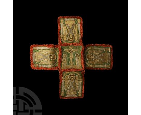 17th-18th century A.D. An embroidered fabric chalice cover comprising five squares in a cruciform arrangement; the four panel
