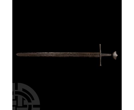 Mid 12th-13th century A.D. A well-balanced iron long sword of Oakeshott Type Xa-XI with double-edged blade, gently tapering p