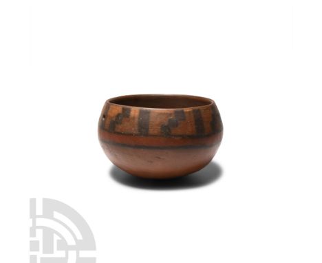 15th century A.D. or earlier. A polychrome ceramic bowl with a D-section sidewall, the upper body decorated with a circumfere