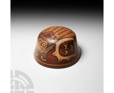 1st century B.C.-6th century A.D. A polychrome ceramic bowl with tapering sidewall, everted rim and rounded base, decorated w
