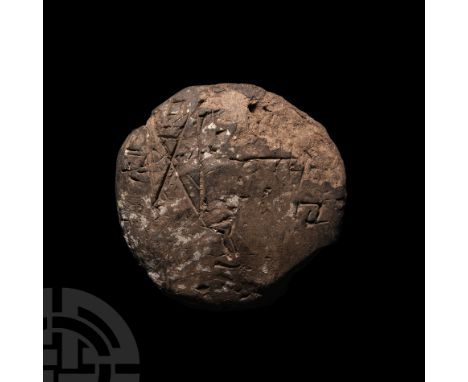Early Dynastic, 2900-2334 B.C. A ceramic tablet with the principal discoid face displaying incised markings representing a fi