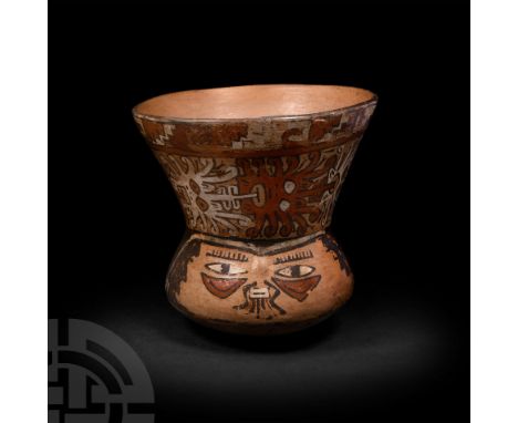 2nd-5th century A.D. A polychrome ceramic bowl with rounded base; decorative geometric frieze around the rim, series of conjo