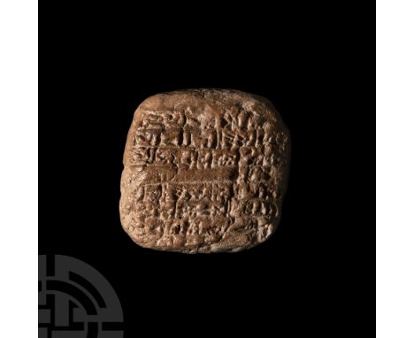 Circa 1700 B.C. An Akkadian letter from the Old-Babylonian period, a sub-square ceramic tablet with rounded corners bearing m