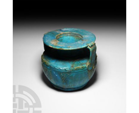 1st century A.D. A Graeco-Roman turquoise blue faience jar probably made in Roman Egypt, in a form similar to that of a Greek