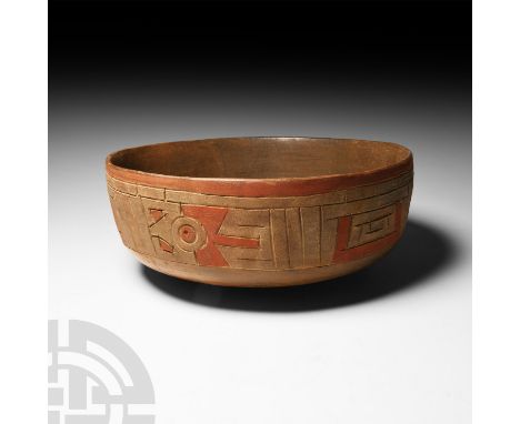 Circa 7th-4th century B.C. A polychrome ceramic bowl with rounded base and incised geometric frieze possibly representing a s