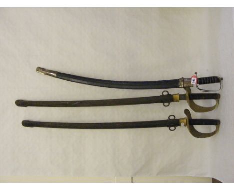 A pair of British Cavalry swords in metal scabbards marked EFD to top, plus a curved vintage cutlass. 