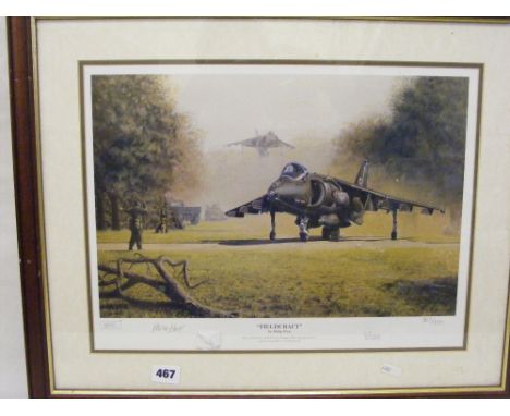A Limited Edition print of a Harrier Jump Jet entitled “Fieldcraft”, signed in the margin by the pilot and the artist Philip 