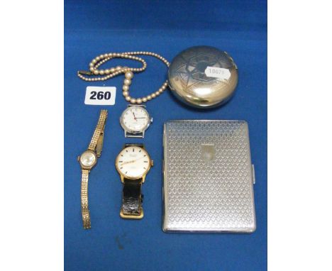A 9ct gold ladies wrist watch, a Paul Jobin gents wrist watch and a Timex, plus other items.
