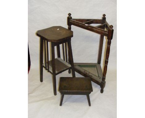 An Edwardian corner stick stand, oak stool and plant stand.     