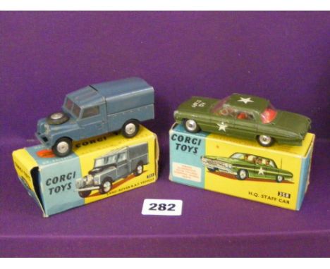 A Corgi 358 H.Q. Staff Car, plus a Corgi 351 Land-Rover R.A.F. vehicle, both boxed, in good condition.