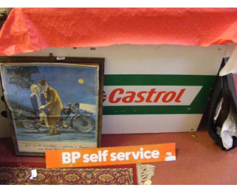 A plastic Castrol garage sign, a B.P. self service sign and vintage poster for “James” motorcycle.
