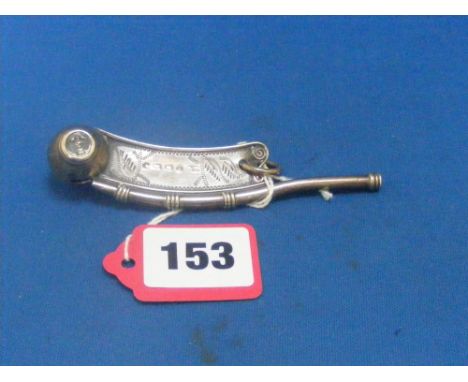 A Victorian silver Bosun's whistle or call, the barrel shaped buoy bearing the Royal Naval crown and anchor, engraved keel wi