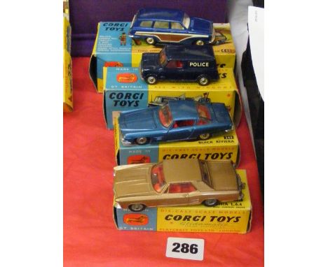 Four boxed Corgi die-cast cars, to include 241 Ghia L.6.4., 245 Buick Riviera, 448 B.M.C. Mini police van and a 440 Ford Cons