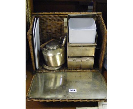 A fine quality, circa 1920's, Drew & Co. of Piccadilly 'En Route' picnic set, with silver-plated and enamel containers, trays