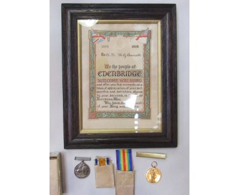 A WWI pair of medals to K 38395 H.G. ANNETT STO 1 R.N. with issue document, and Edenbridge (Kent) "welcome home" certificate 