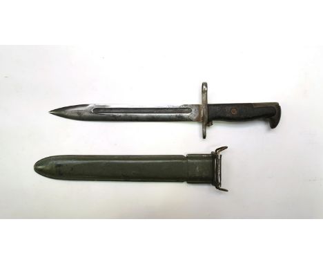 A US Garand bayonet with three vintage Kukri knives, one without grip or scabbard  