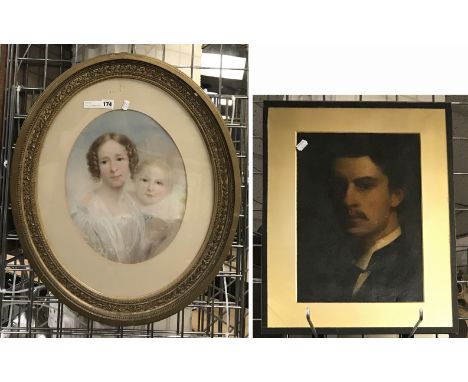 OVAL GILT FRAMED PASTEL - MOTHER &amp; CHILD WITH OIL PAINTING - PORTRAIT OF A GENTLEMAN  - 67 CMS X 57 CMS