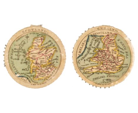 Cartographic curiosity. Miller (R.). Needle wheels with maps of the Home Nations, circa 1820, two silk needle wheels, each wi