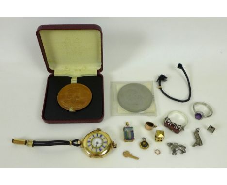 A group of jewellery and coins, including a 15ct gold ladies half hunter wristwatch, with pink enamel chapter ring and blue R