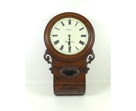A Regency mahogany wall clock case with later clock movement by R Barton, Manchester, complete with pendulum, key and glass f