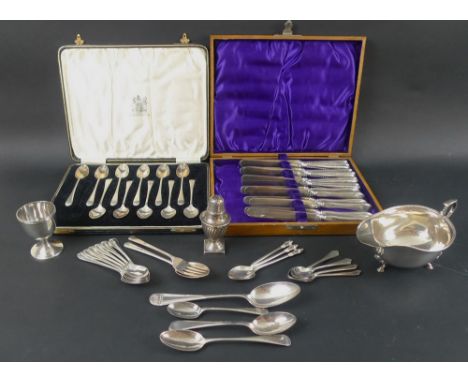 A collection of Victorian and later silver including a sauce boat with raised lappet rim, Birmingham 1928, Adie Brothers Ltd,