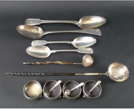 A collection of George IV and later silver including to two large serving spoons, one fiddle pattern, the terminal engraved w