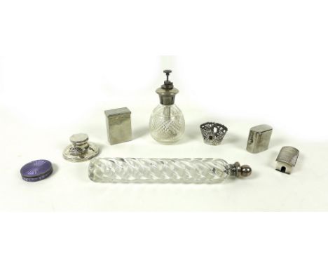 A group of silver and plated collectables including a silver mounted cut glass perfume atomiser, 14cm, a large silver plated 