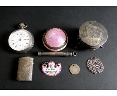 A collection of silver and vertu including a silver lidded box of circular form, on three legs and engraved 'Joan' to lid, li