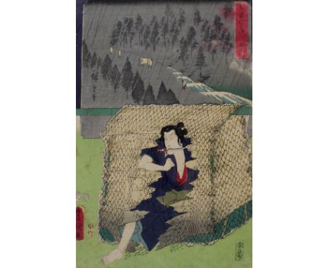 After Hiroshige Toyokuni (Japanese, 19th century): a woodblock print of Gomrachi Escaping from the Prisoner Palaquin, inscrib
