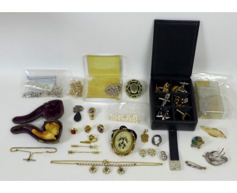 A selection of costume jewellery, including a large Victorian pendant formed as a yellow metal mount containing a slice of iv