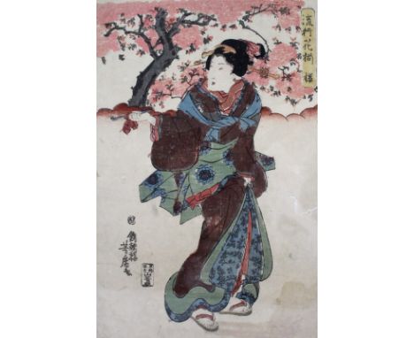 After Utagawa Yoshitora (Japanese, c. 1850): woodblock print of a lady, with blossoming tree behind, inscribed, with red seal