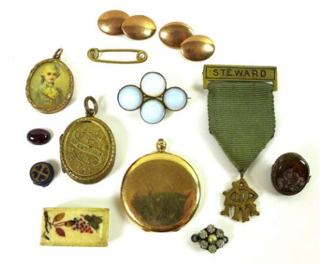 A 9ct gold locket, containing hair, a pair of 9ct gold cufflinks, a 9ct gold pendant, set with a picture of an 18th century g