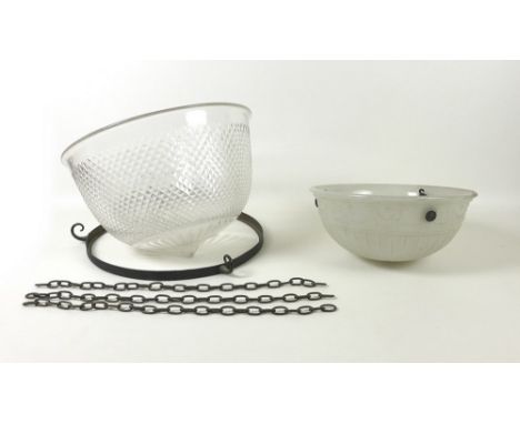 An Edwardian frosted glass plafonnier, of hemicircular form, moulded decoration in the Recency style with urns, swags, and ro