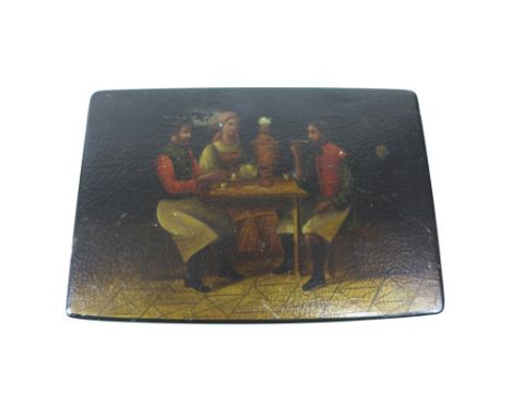 A 19th century Russian tea caddy of black painted wood, the top painted with interior scene of two gentleman and a woman drin