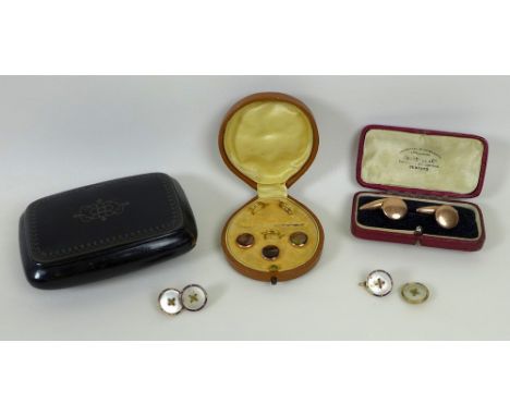Two pairs of 9ct gold cufflinks, one of torpedo and button form, the other with mother of pearl and enamel detailing, 11g tot